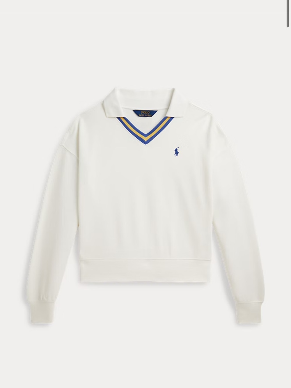 Polo by Ralph Lauren White V‑neck Sweater with Blue and Yellow Trim